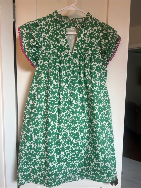 Avara Dresses & Skirts - Green Floral Mini Dress with Pink Pom Trim